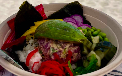 Descanso Beach Club Restaurant signature dishes Coconut Shrimp
Carne Asada Tacos
Poke Bowl
